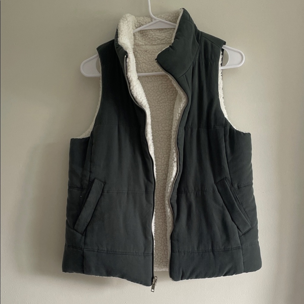 Reversible Olive Green and White Sherpa Vest